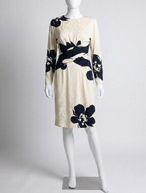 SILKS By St Gillian Vintage Cream and Black 100% Silk Floral Midi Dress Womens 4